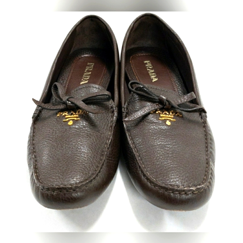 Prada Designer Italy Brown Leather Bow Slip Loafer Driving Flat Women US 7 EU 38 - Picture 2 of 9